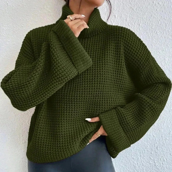 Army Green Casual Women's Turtleneck Long Sleeve Sweater - Picture 4 of 6